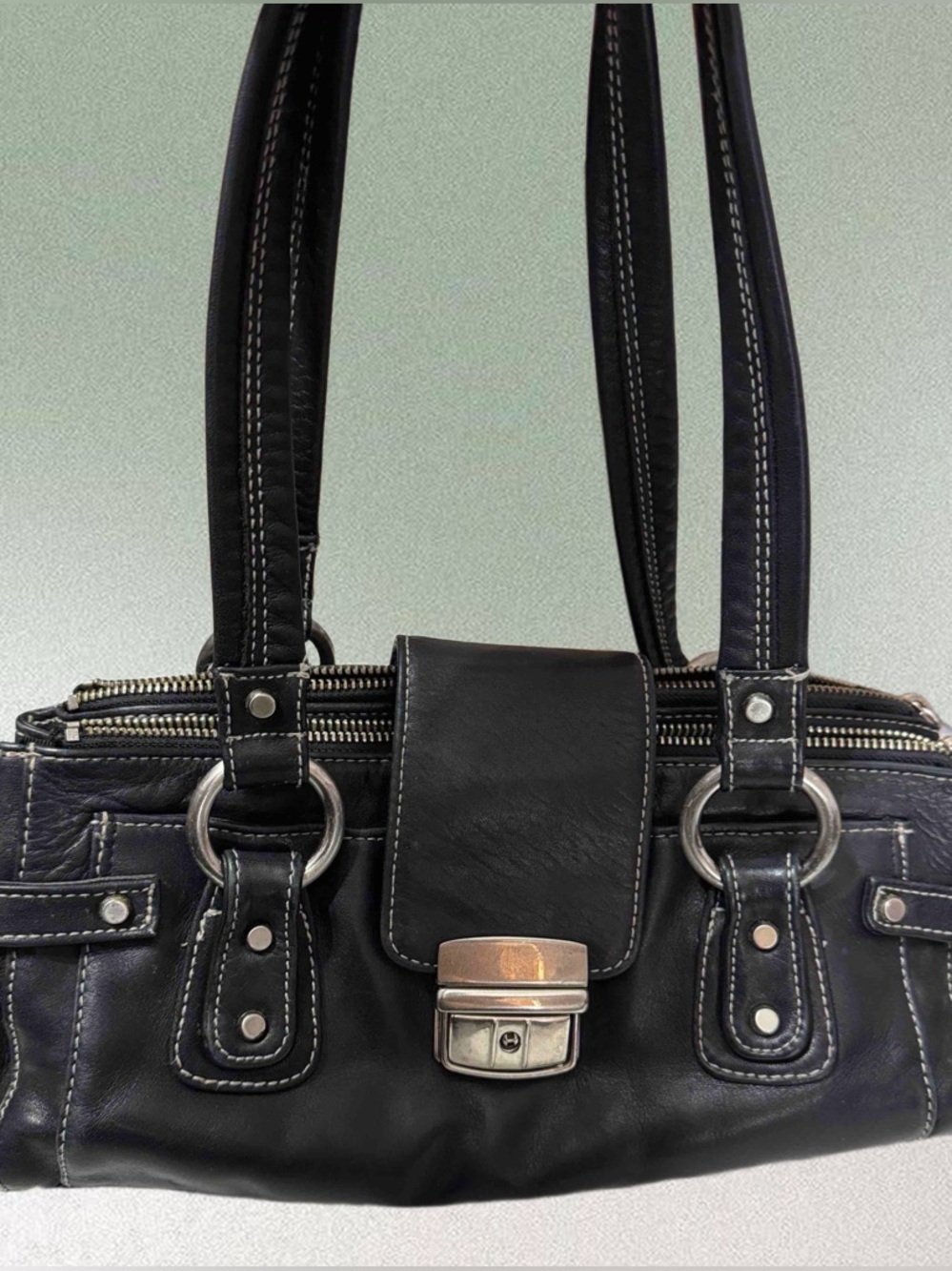Perlina Black Leather Shoulder Bag with Silver Hardware